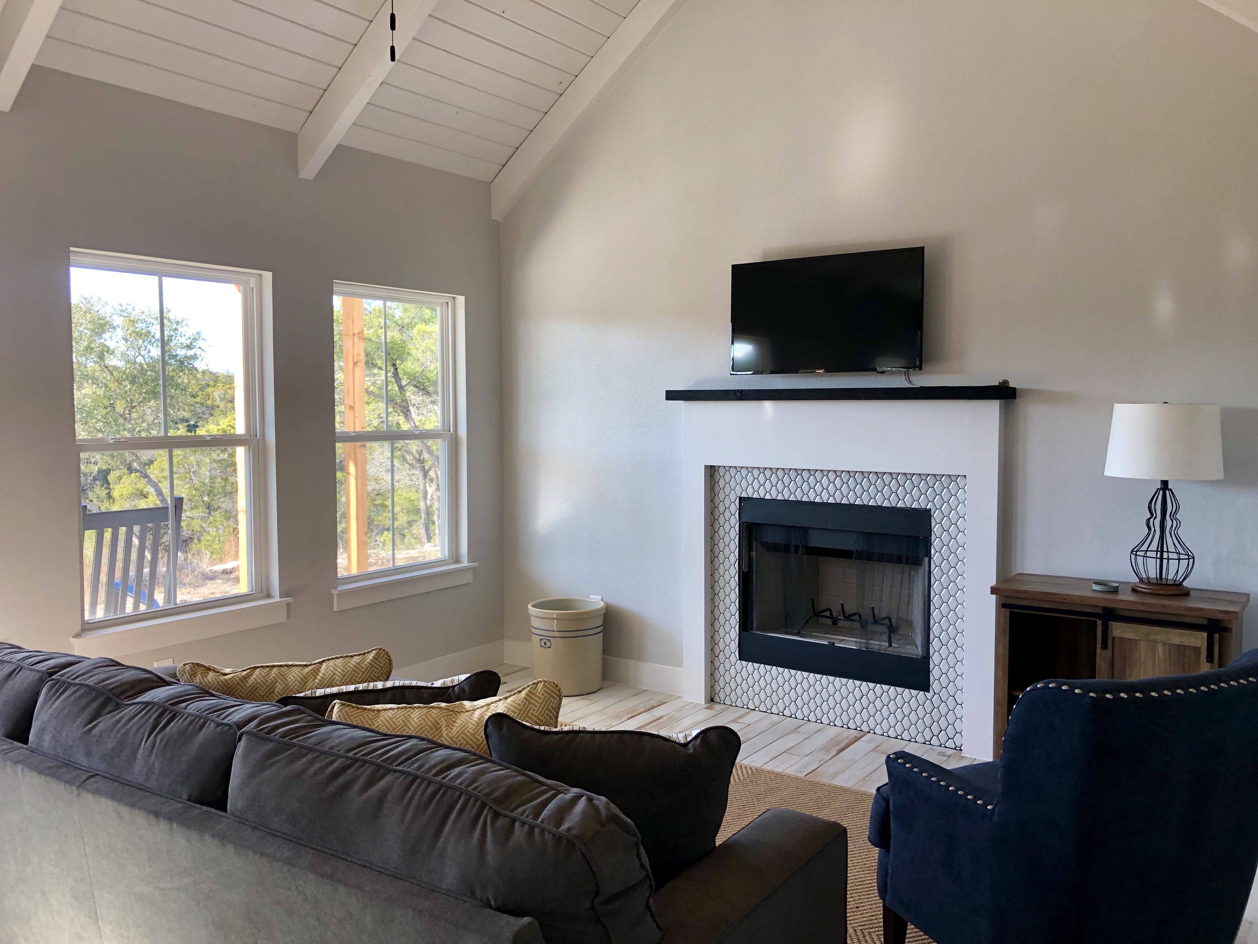 Fireplace with canyon views in Jackrabbit Cottage living room