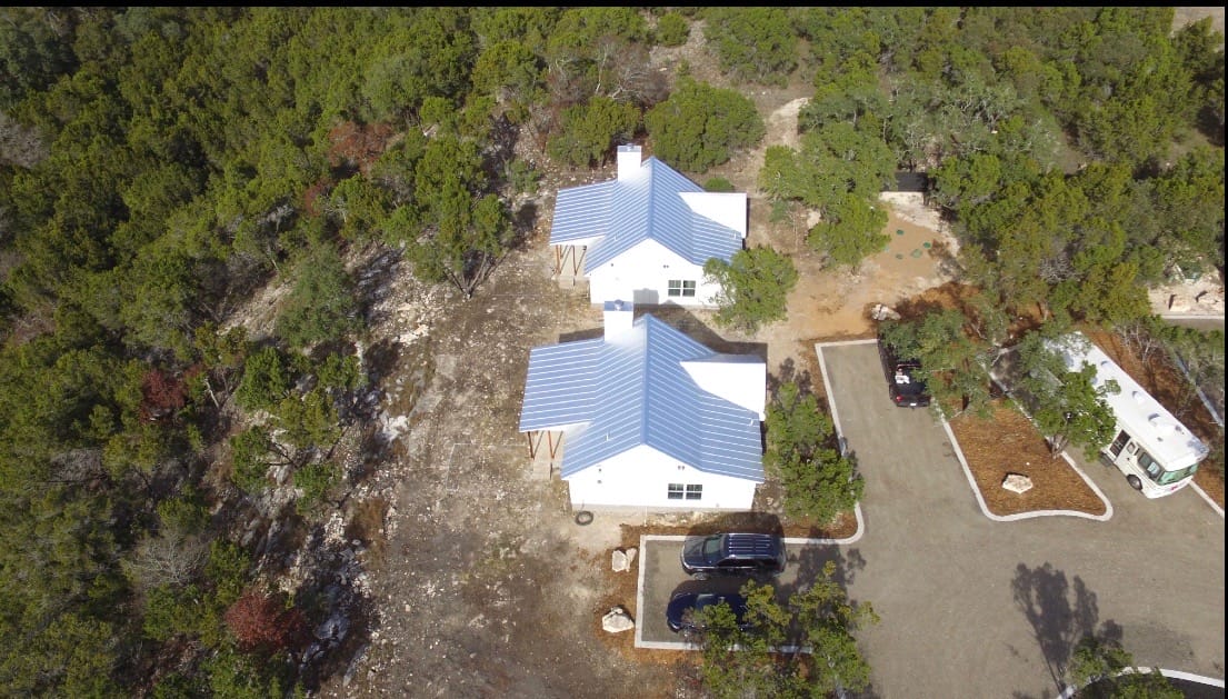 Aerial view of Wayside Wimberley farmhouse cottages